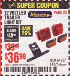 Harbor Freight Coupon KENWAY 12V LED TRAILER LIGHT KIT Lot No. 64275 Expired: 2/28/19 - $36.99