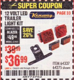 Harbor Freight Coupon 12 VOLT LED TRAILER LIGHT KIT Lot No. 64337/64275 Expired: 2/28/19 - $36.99