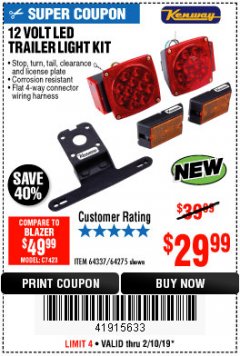 Harbor Freight Coupon KENWAY 12V LED TRAILER LIGHT KIT Lot No. 64275 Expired: 2/10/19 - $29.99