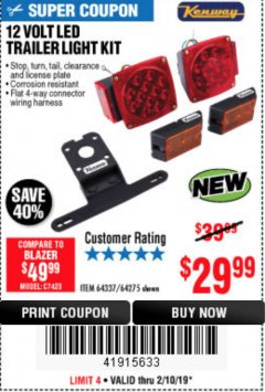 Harbor Freight Coupon KENWAY 12V LED TRAILER LIGHT KIT Lot No. 64275 Expired: 2/10/19 - $29.99