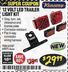 Harbor Freight Coupon KENWAY 12V LED TRAILER LIGHT KIT Lot No. 64275 Expired: 4/30/19 - $29.99
