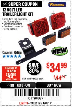Harbor Freight Coupon KENWAY 12V LED TRAILER LIGHT KIT Lot No. 64275 Expired: 4/28/19 - $34.99