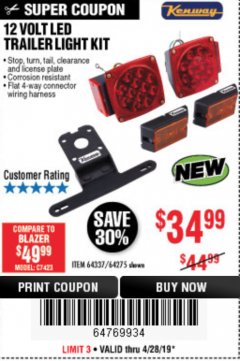 Harbor Freight Coupon KENWAY 12V LED TRAILER LIGHT KIT Lot No. 64275 Expired: 4/28/19 - $34.99