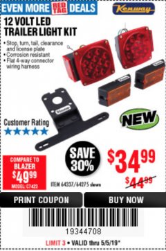 Harbor Freight Coupon KENWAY 12V LED TRAILER LIGHT KIT Lot No. 64275 Expired: 5/5/19 - $34.99
