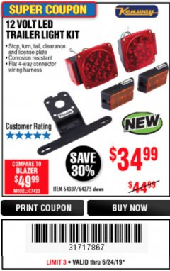 Harbor Freight Coupon KENWAY 12V LED TRAILER LIGHT KIT Lot No. 64275 Expired: 6/24/19 - $34.99