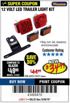Harbor Freight Coupon KENWAY 12V LED TRAILER LIGHT KIT Lot No. 64275 Expired: 9/30/19 - $34.99