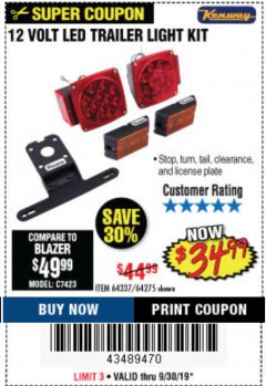 Harbor Freight Coupon KENWAY 12V LED TRAILER LIGHT KIT Lot No. 64275 Expired: 9/30/19 - $34.99