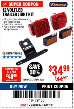 Harbor Freight Coupon 12 VOLT LED TRAILER LIGHT KIT Lot No. 64337/64275 Expired: 9/22/19 - $34.99