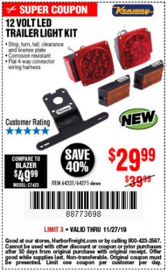 Harbor Freight Coupon KENWAY 12V LED TRAILER LIGHT KIT Lot No. 64275 Expired: 11/27/19 - $29.99