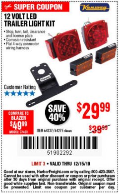 Harbor Freight Coupon KENWAY 12V LED TRAILER LIGHT KIT Lot No. 64275 Expired: 12/15/19 - $29.99