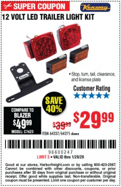 Harbor Freight Coupon KENWAY 12V LED TRAILER LIGHT KIT Lot No. 64275 Expired: 1/20/20 - $29.99