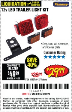 Harbor Freight Coupon KENWAY 12V LED TRAILER LIGHT KIT Lot No. 64275 Expired: 3/31/20 - $29.99