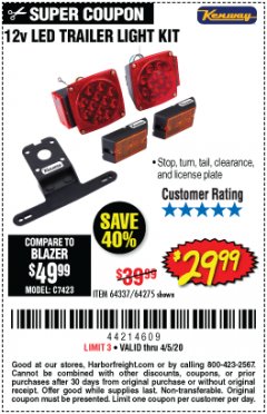 Harbor Freight Coupon KENWAY 12V LED TRAILER LIGHT KIT Lot No. 64275 Expired: 6/30/20 - $29.99