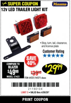 Harbor Freight Coupon 12 VOLT LED TRAILER LIGHT KIT Lot No. 64337/64275 Expired: 6/30/20 - $29.99