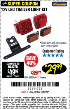 Harbor Freight Coupon KENWAY 12V LED TRAILER LIGHT KIT Lot No. 64275 Expired: 6/30/20 - $29.99