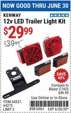 Harbor Freight Coupon 12 VOLT LED TRAILER LIGHT KIT Lot No. 64337/64275 Expired: 6/30/20 - $29.99