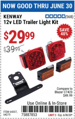 Harbor Freight Coupon KENWAY 12V LED TRAILER LIGHT KIT Lot No. 64275 Expired: 6/30/20 - $29.99