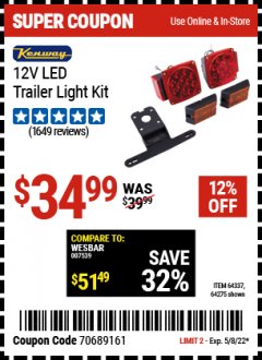 Harbor Freight Coupon KENWAY 12V LED TRAILER LIGHT KIT Lot No. 64275 Expired: 5/8/22 - $34.99