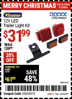 Harbor Freight Coupon KENWAY 12V LED TRAILER LIGHT KIT Lot No. 64275 Expired: 12/24/23 - $31.99