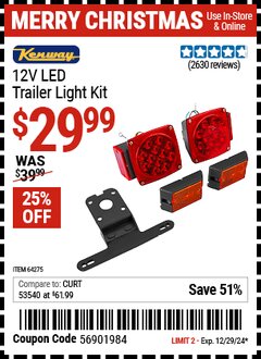 Harbor Freight Coupon KENWAY 12V LED TRAILER LIGHT KIT Lot No. 64275 Expired: 12/29/24 - $29.99