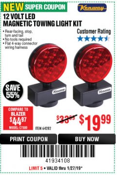 Harbor Freight Coupon 12 VOLT LED MAGNETIC TOWING LIGHT KIT Lot No. 64282 Expired: 1/27/19 - $19.99