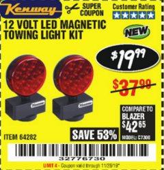 Harbor Freight Coupon 12 VOLT LED MAGNETIC TOWING LIGHT KIT Lot No. 64282 Expired: 11/28/19 - $19.99