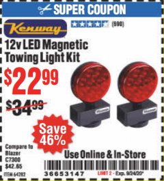Harbor Freight Coupon 12 VOLT LED MAGNETIC TOWING LIGHT KIT Lot No. 64282 Expired: 9/24/20 - $22.99
