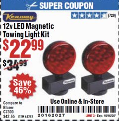 Harbor Freight Coupon 12 VOLT LED MAGNETIC TOWING LIGHT KIT Lot No. 64282 Expired: 10/16/20 - $22.99