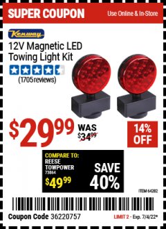 Harbor Freight Coupon 12 VOLT LED MAGNETIC TOWING LIGHT KIT Lot No. 64282 Expired: 7/4/22 - $29.99