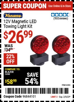 Harbor Freight Coupon 12 VOLT LED MAGNETIC TOWING LIGHT KIT Lot No. 64282 Expired: 2/5/23 - $26.99