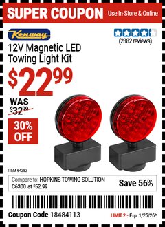 Harbor Freight Coupon KENWAY 12V MAGNETIC LED TOWING LIGHT KIT Lot No. 64282 Expired: 1/25/26 - $22.99