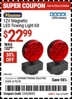 Harbor Freight Coupon KENWAY 12V MAGNETIC LED TOWING LIGHT KIT Lot No. 64282 Expired: 3/15/26 - $22.99