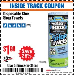 Harbor Freight ITC Coupon DISPOSABLE BLUE SHOP TOWELS Lot No. 64395 Expired: 7/31/20 - $1.99