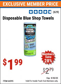 Harbor Freight ITC Coupon DISPOSABLE BLUE SHOP TOWELS Lot No. 64395 Expired: 9/30/20 - $1.99