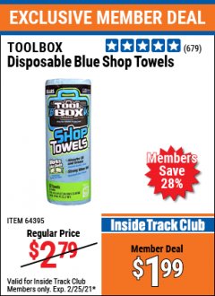 Harbor Freight ITC Coupon DISPOSABLE BLUE SHOP TOWELS Lot No. 64395 Expired: 2/25/21 - $1.99