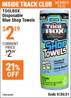 Harbor Freight ITC Coupon DISPOSABLE BLUE SHOP TOWELS Lot No. 64395 Expired: 9/30/21 - $2.19