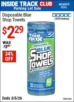 Harbor Freight ITC Coupon TOOLBOX DISPOSABLE BLUE SHOP TOWELS Lot No. 64395 Expired: 3/5/26 - $2.29