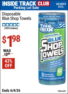 Harbor Freight ITC Coupon TOOLBOX DISPOSABLE BLUE SHOP TOWELS Lot No. 64395 Expired: 6/4/26 - $1.98