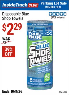 Harbor Freight ITC Coupon TOOLBOX DISPOSABLE BLUE SHOP TOWELS Lot No. 64395 Expired: 10/8/26 - $2.29