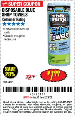 Harbor Freight Coupon DISPOSABLE BLUE SHOP TOWELS Lot No. 64395 Expired: 2/29/20 - $1.99