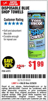 Harbor Freight Coupon DISPOSABLE BLUE SHOP TOWELS Lot No. 64395 Expired: 3/29/20 - $1.99