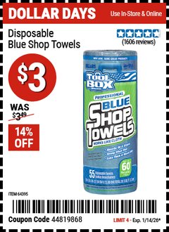 Harbor Freight Coupon TOOLBOX DISPOSABLE BLUE SHOP TOWELS Lot No. 64395 Valid Thru: 1/14/26 - $3