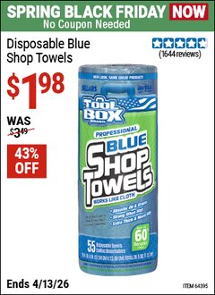 Harbor Freight Coupon TOOLBOX DISPOSABLE BLUE SHOP TOWELS Lot No. 64395 Expired: 4/12/26 - $1.98