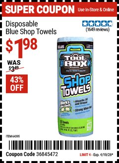 Harbor Freight Coupon TOOLBOX DISPOSABLE BLUE SHOP TOWELS Lot No. 64395 Expired: 4/19/26 - $1.98