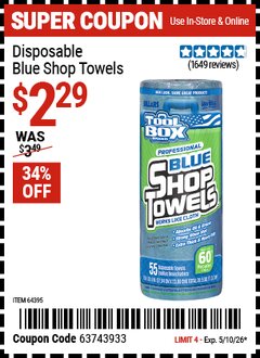 Harbor Freight Coupon TOOLBOX DISPOSABLE BLUE SHOP TOWELS Lot No. 64395 Expired: 5/10/26 - $2.29