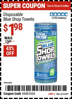Harbor Freight Coupon TOOLBOX DISPOSABLE BLUE SHOP TOWELS Lot No. 64395 Expired: 6/14/26 - $1.98