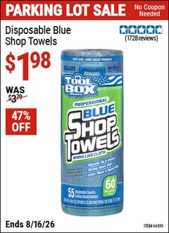 Harbor Freight Coupon TOOLBOX DISPOSABLE BLUE SHOP TOWELS Lot No. 64395 EXPIRES: 8/16/26 - $1.98