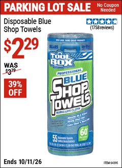 Harbor Freight Coupon TOOLBOX DISPOSABLE BLUE SHOP TOWELS Lot No. 64395 Valid Thru: 10/11/26 - $2.29