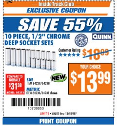 Harbor Freight ITC Coupon 10 PIECE, 1/2" CHROME DEEP SOCKET SET Lot No. 64229/64228 Expired: 12/18/18 - $13.99