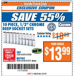 Harbor Freight ITC Coupon 10 PIECE, 1/2" CHROME DEEP SOCKET SET Lot No. 64229/64228 Expired: 1/2/19 - $13.99